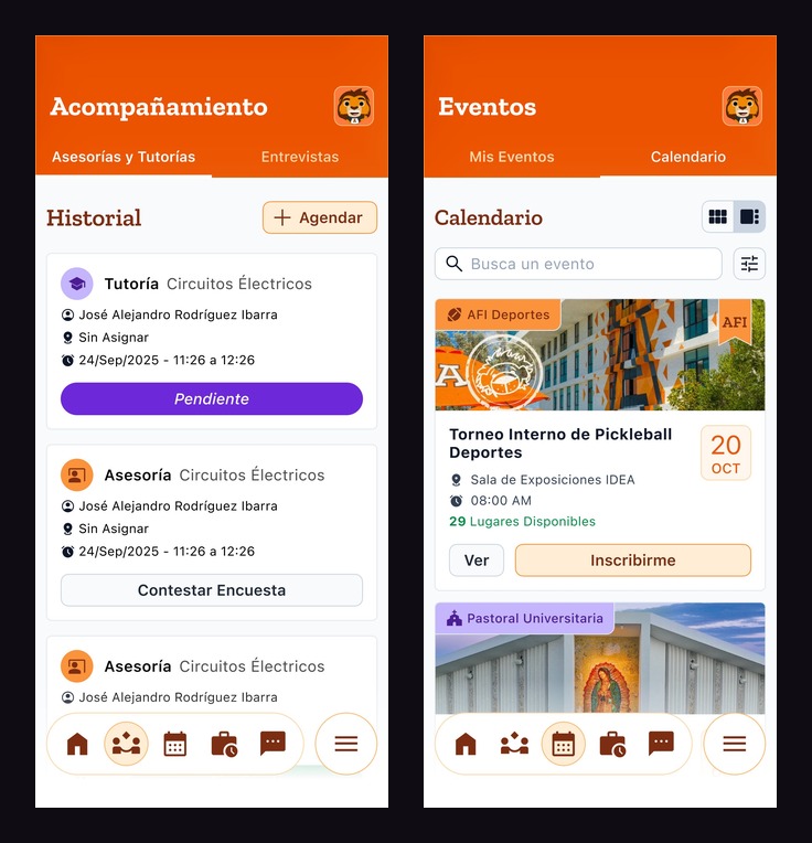 Soy León App — Asesorías and Calendario screens