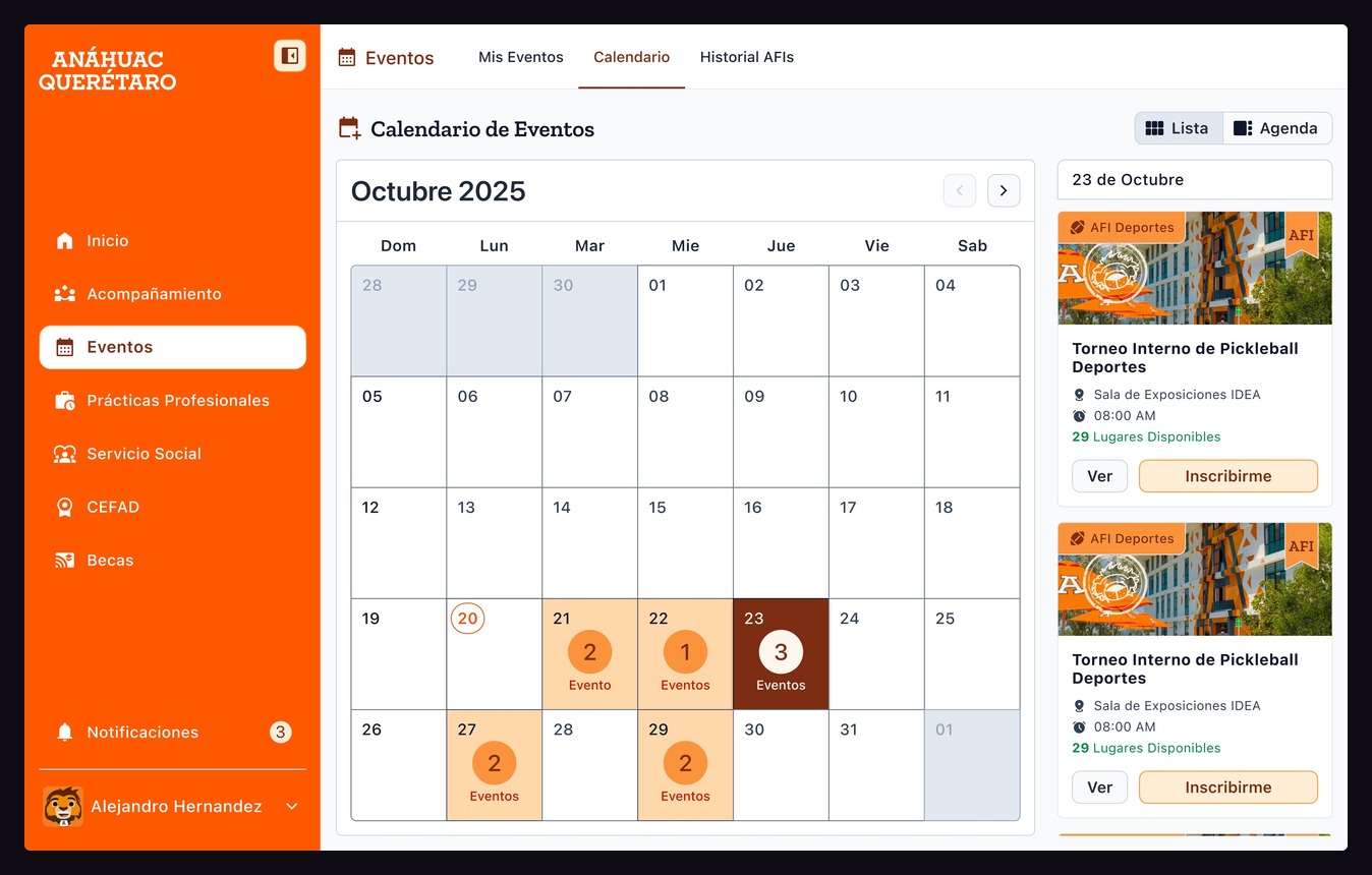 Campus Events Calendar — desktop agenda view