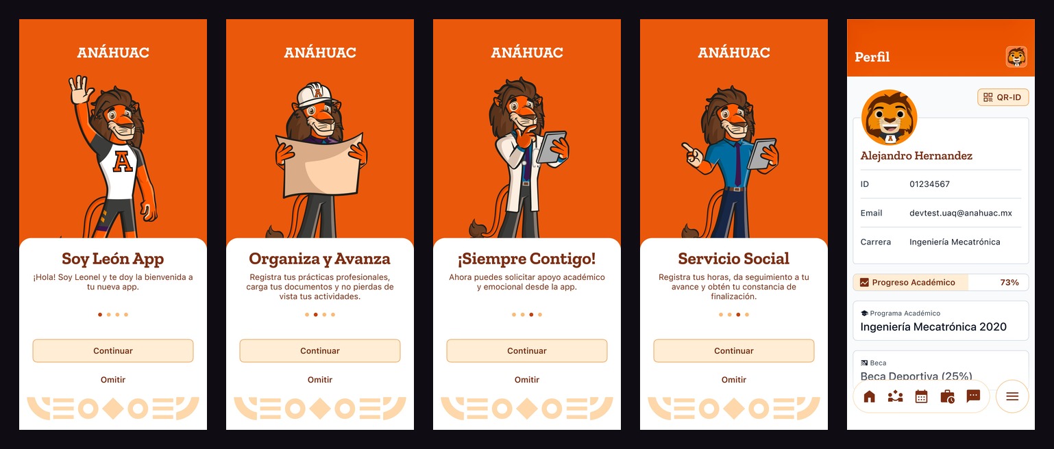 Soy León App — 5 onboarding screens