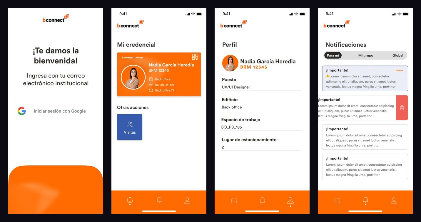 bconnect core screens — sign in, home credential, profile, notifications
