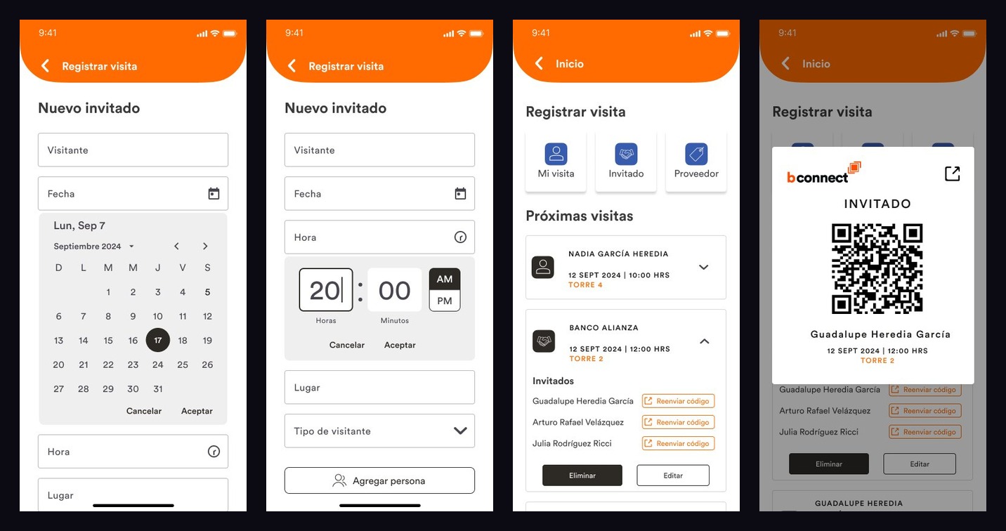 bconnect visitor flow — upcoming visits, new guest form, date picker, QR code