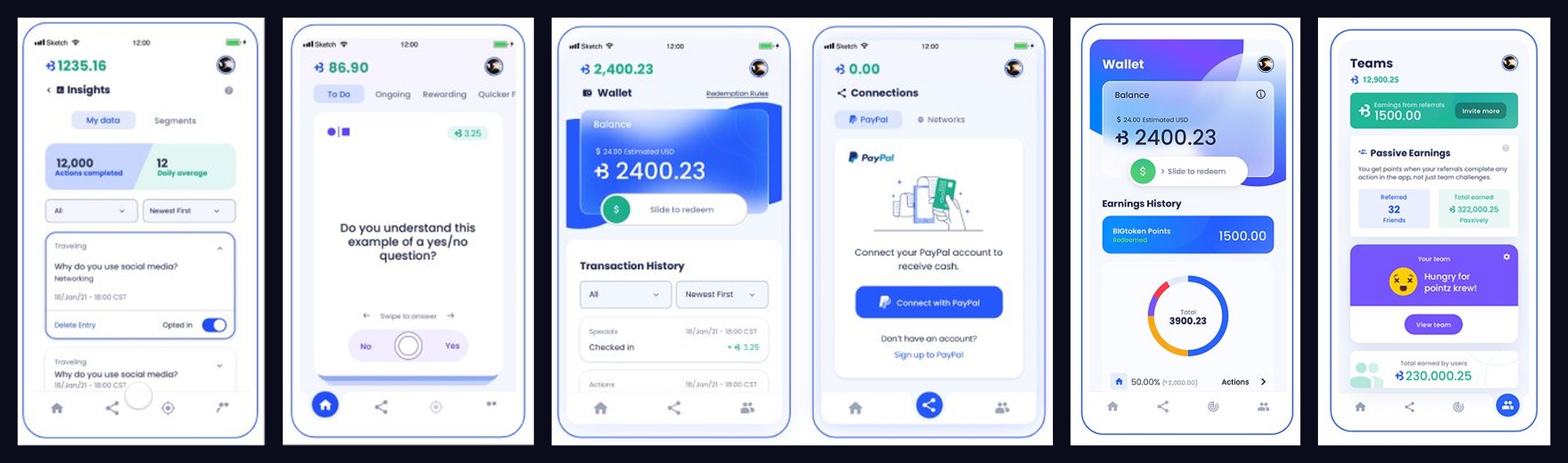BigToken after — redesigned survey, wallet, connections, teams, and insights screens
