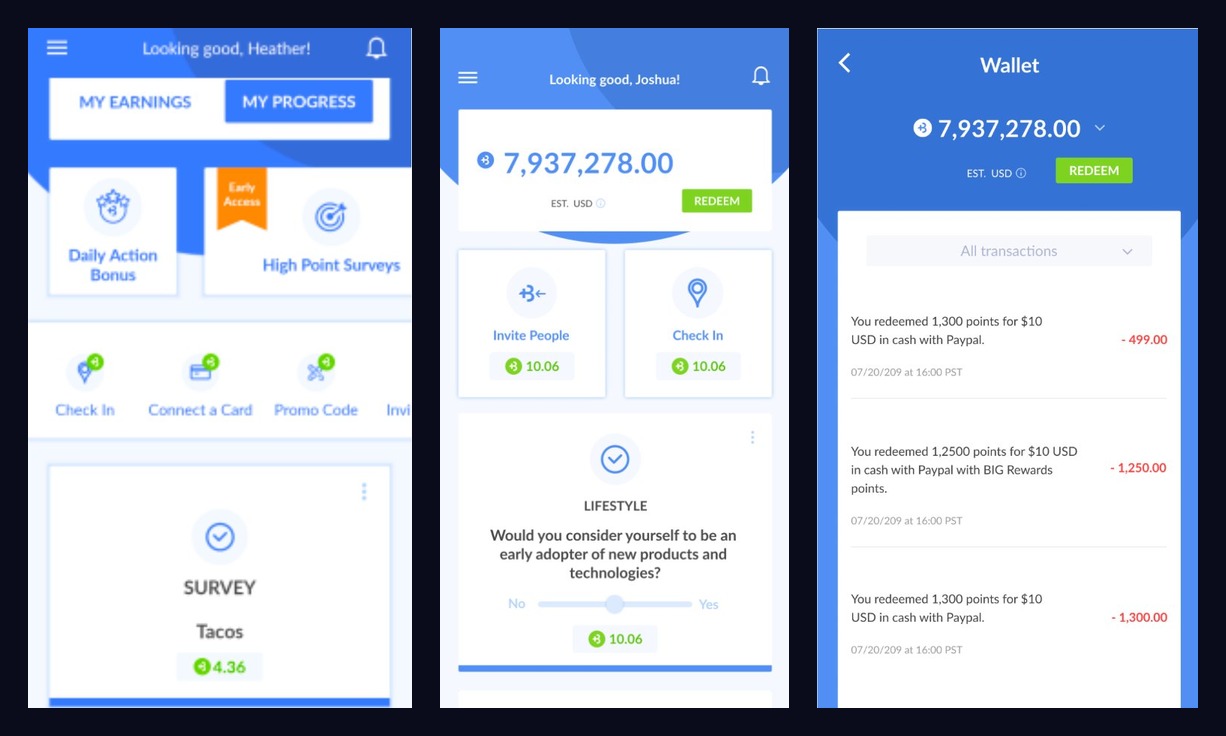 BigToken before — original home, earnings, and wallet screens