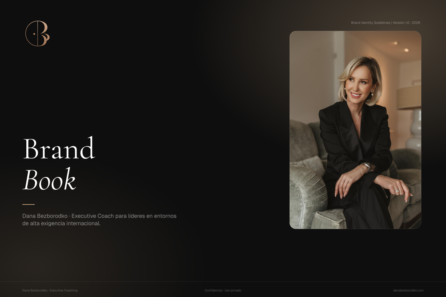 Dana Bezborodko — Brand Book cover, dark editorial with gold logo mark