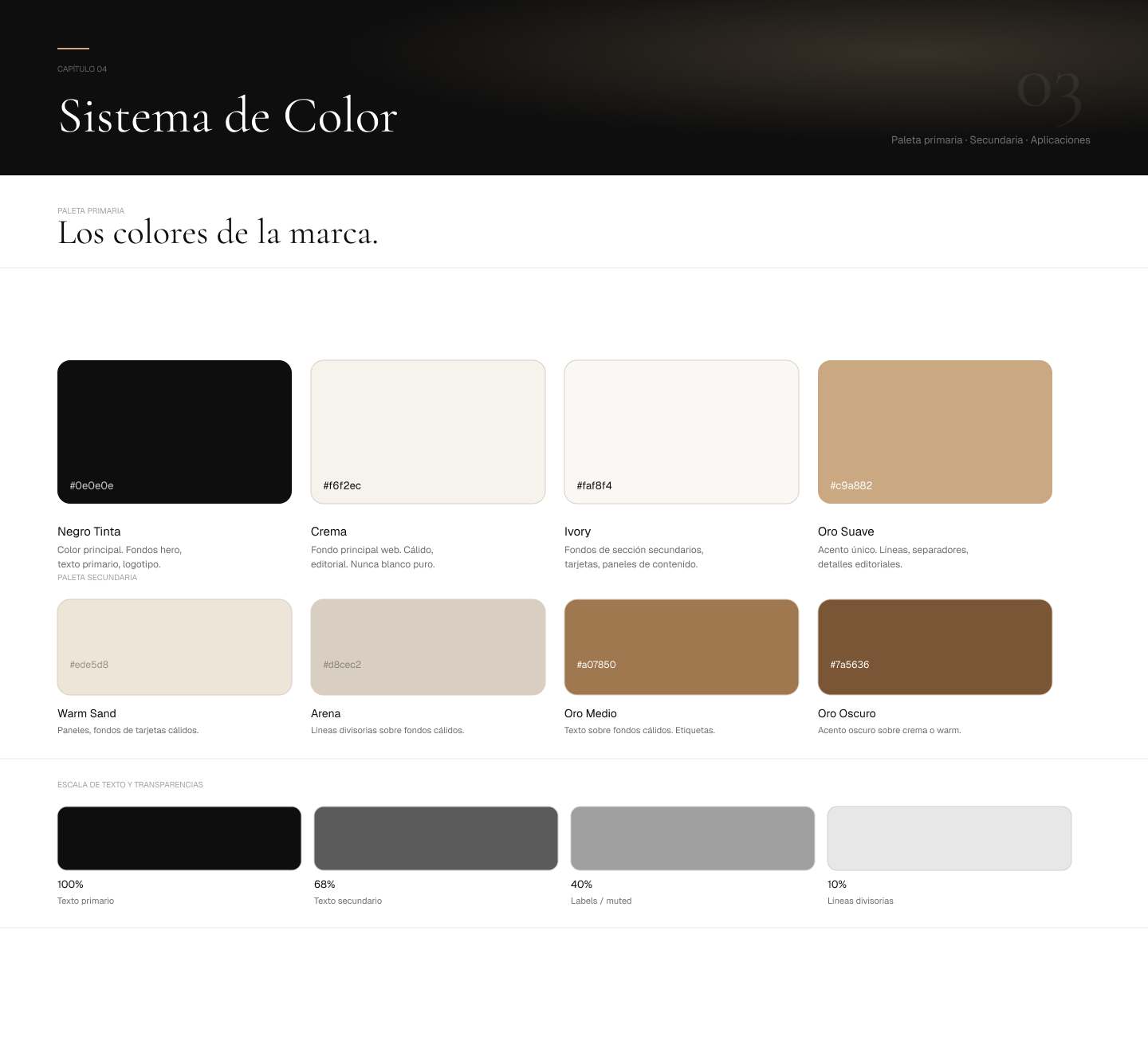 Dana Bezborodko color system — primary and secondary palette with usage rules