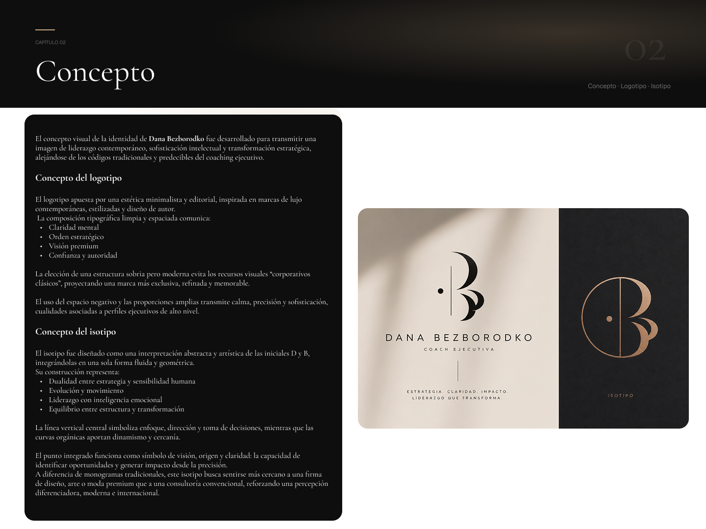 Dana Bezborodko logo concept — DB monogram on cream and dark backgrounds, with isotipo