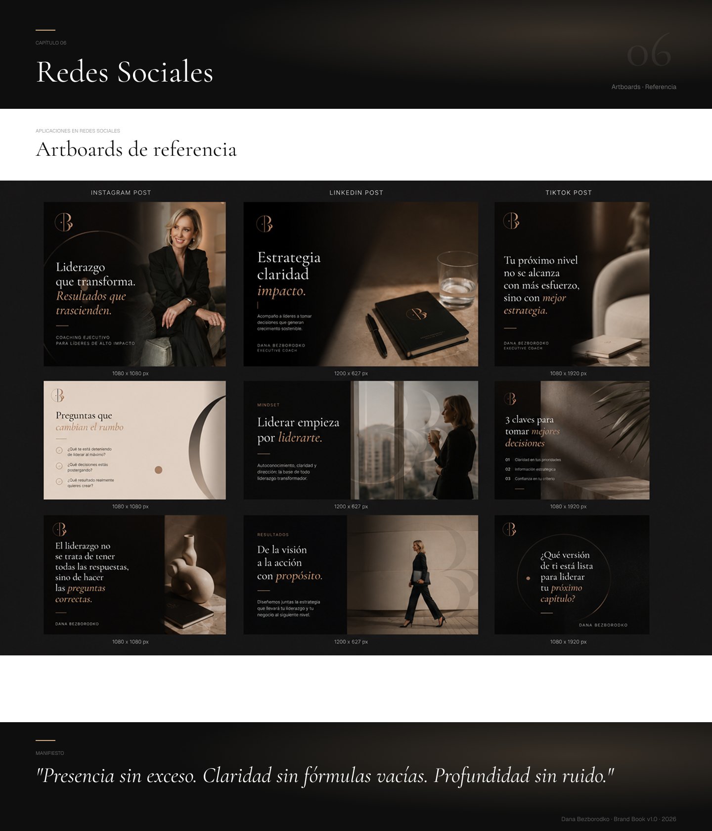Dana Bezborodko social artboards — 9 content pieces across Instagram, LinkedIn, and TikTok