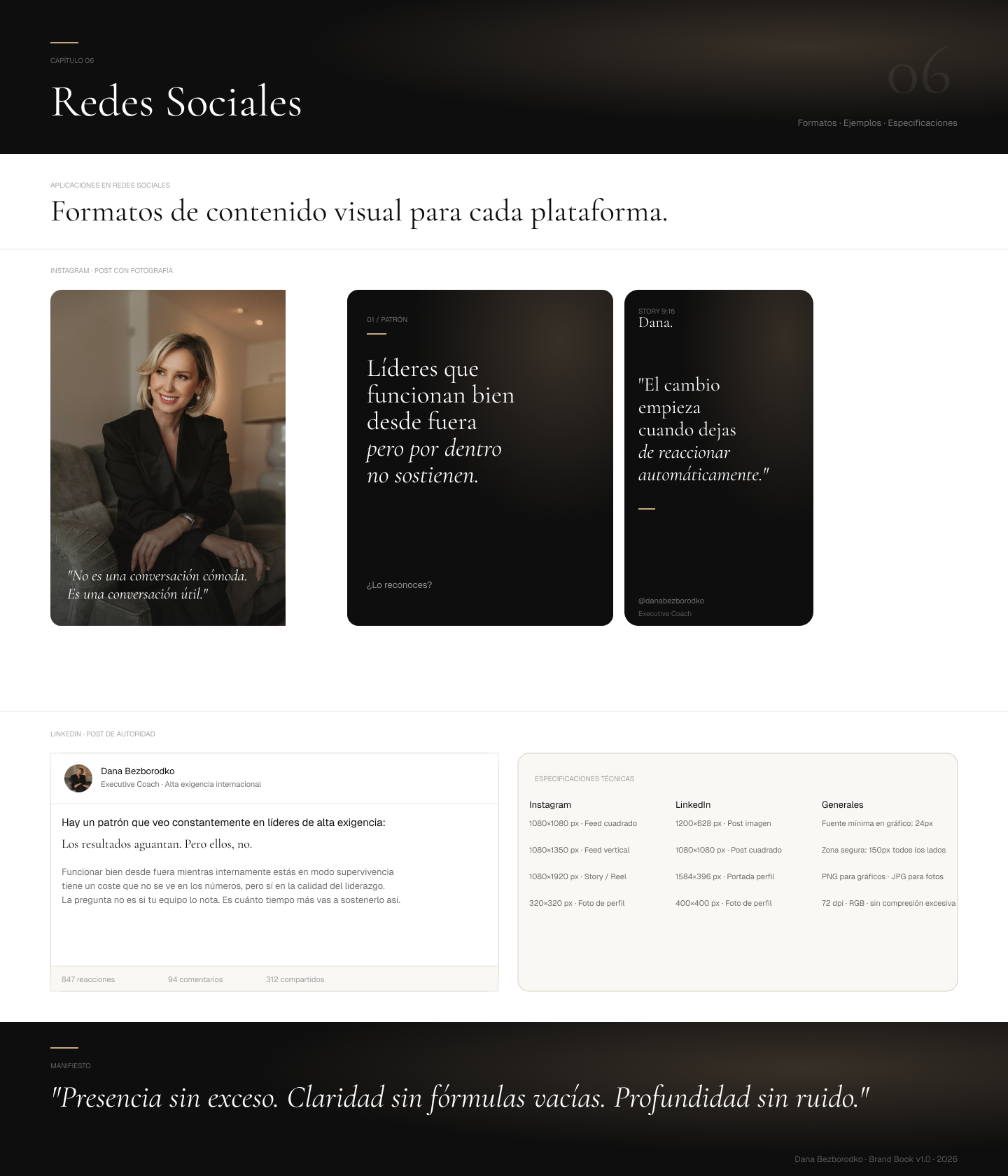Dana Bezborodko social media format specs — Instagram posts, stories, and LinkedIn posts with copy examples