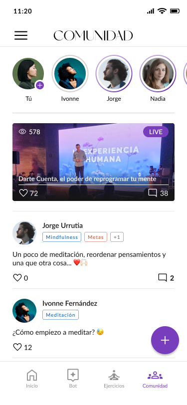 ENÚ Comunidad screen