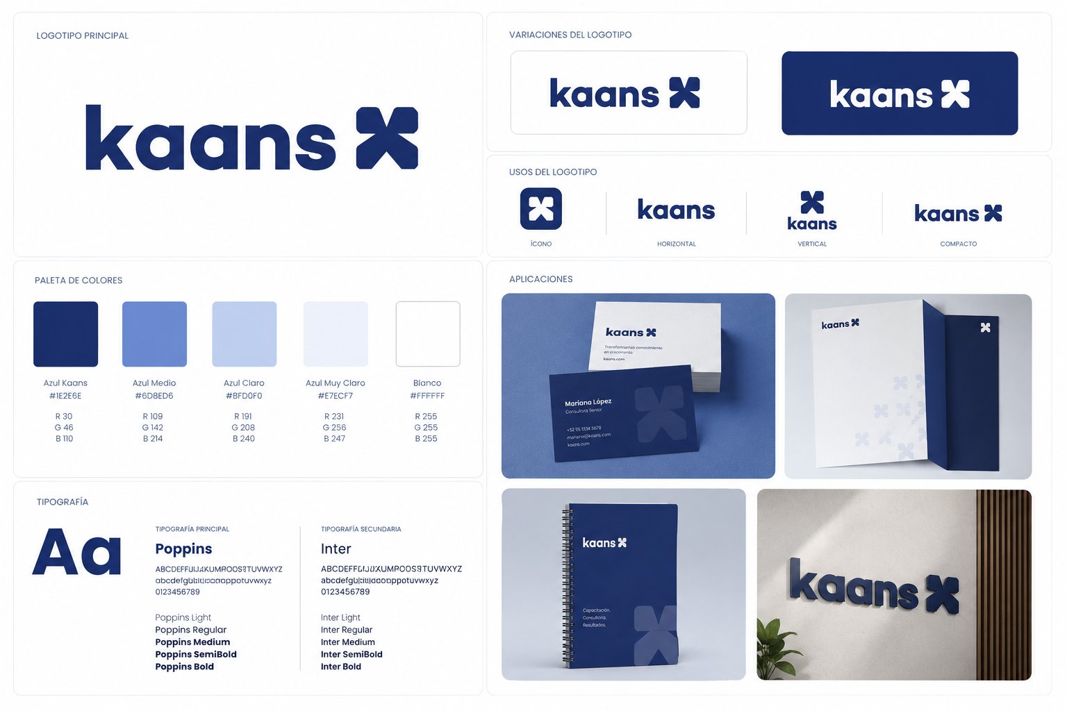 Kaans brand identity — logo, variations, color palette, typography, and stationery applications