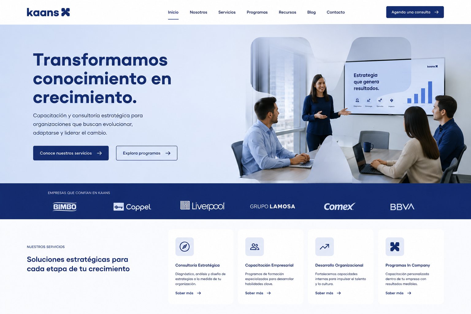 Kaans — Website homepage, dark navy and white brand identity