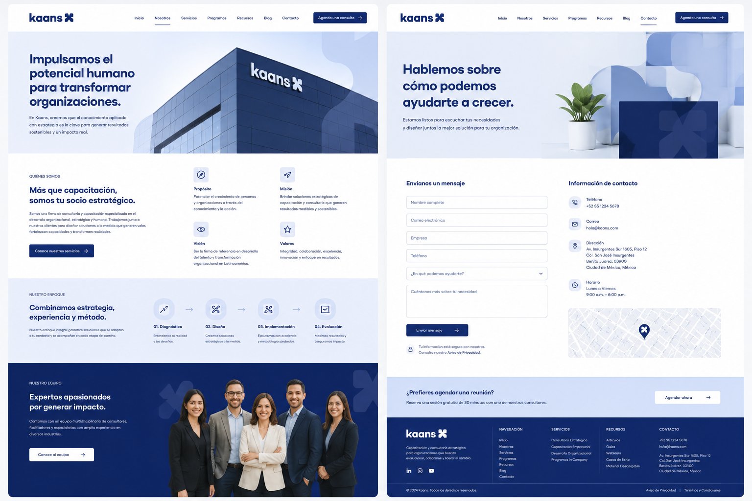 Kaans website — Nosotros (About) and Contacto (Contact) pages