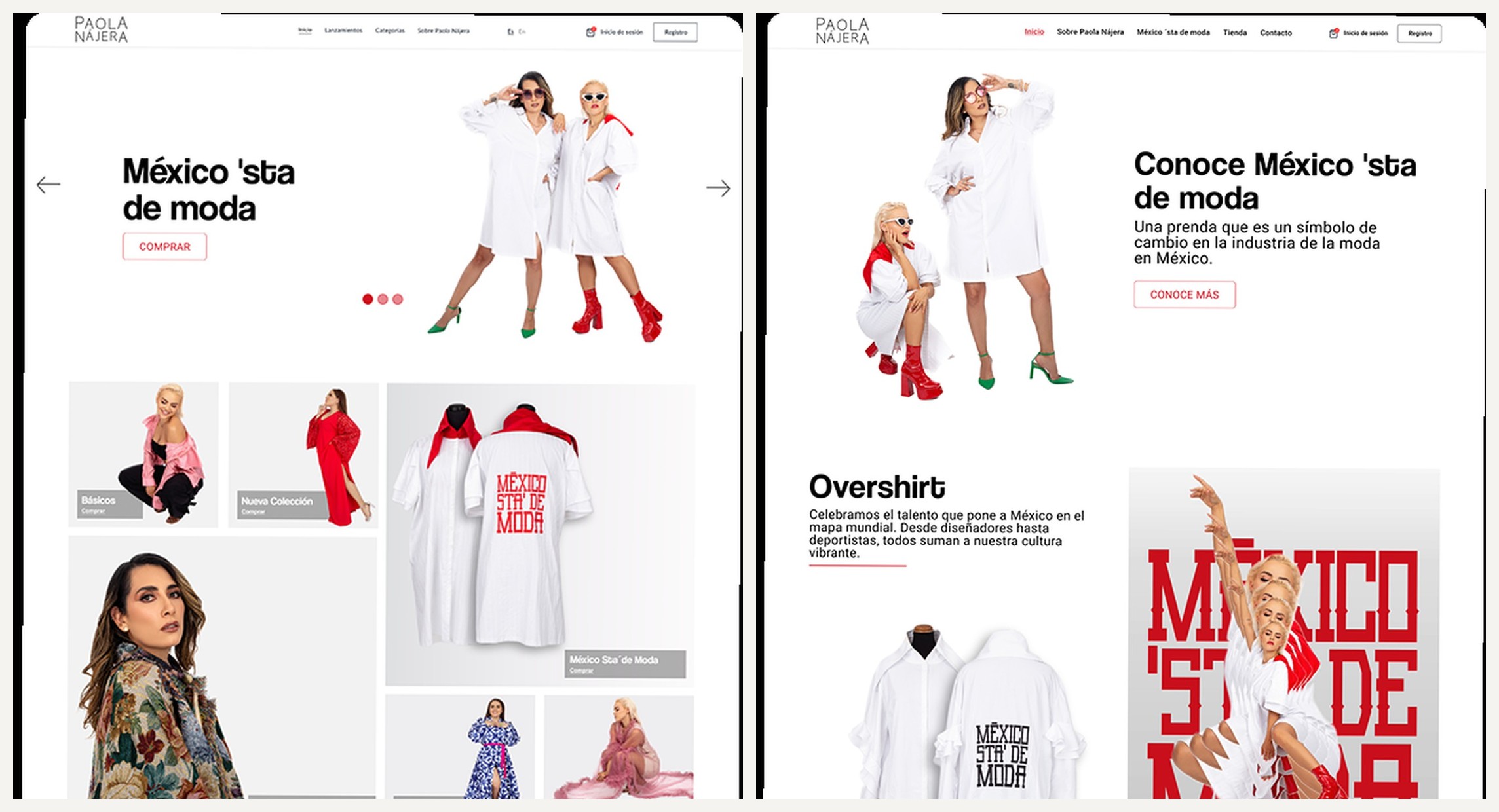 Paola Nájera — e-commerce homepage and brand homepage side by side