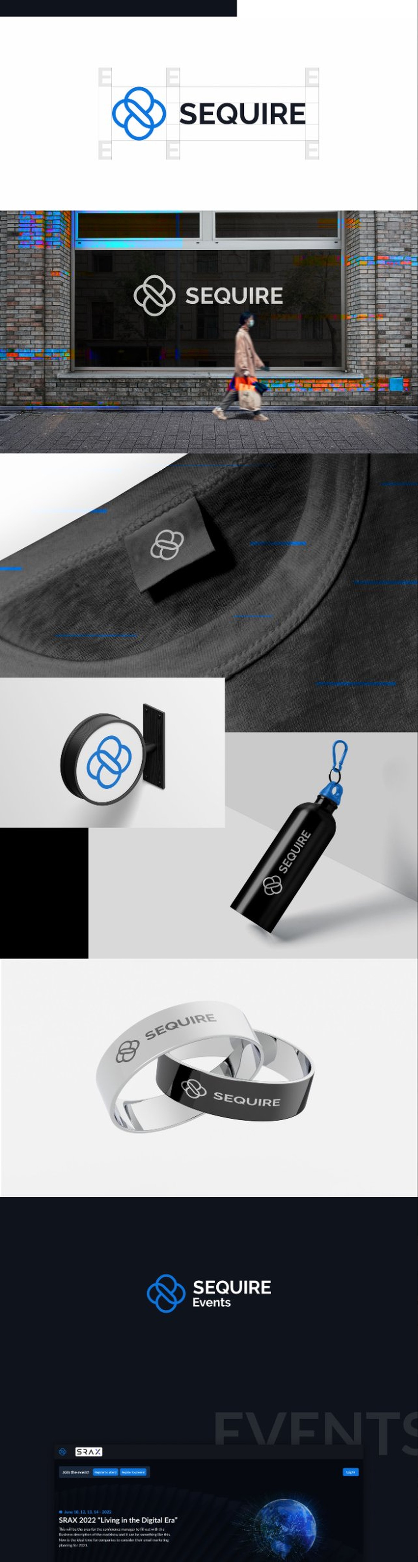 Sequire brand applications — wristband, tag, vinyl, environmental signage
