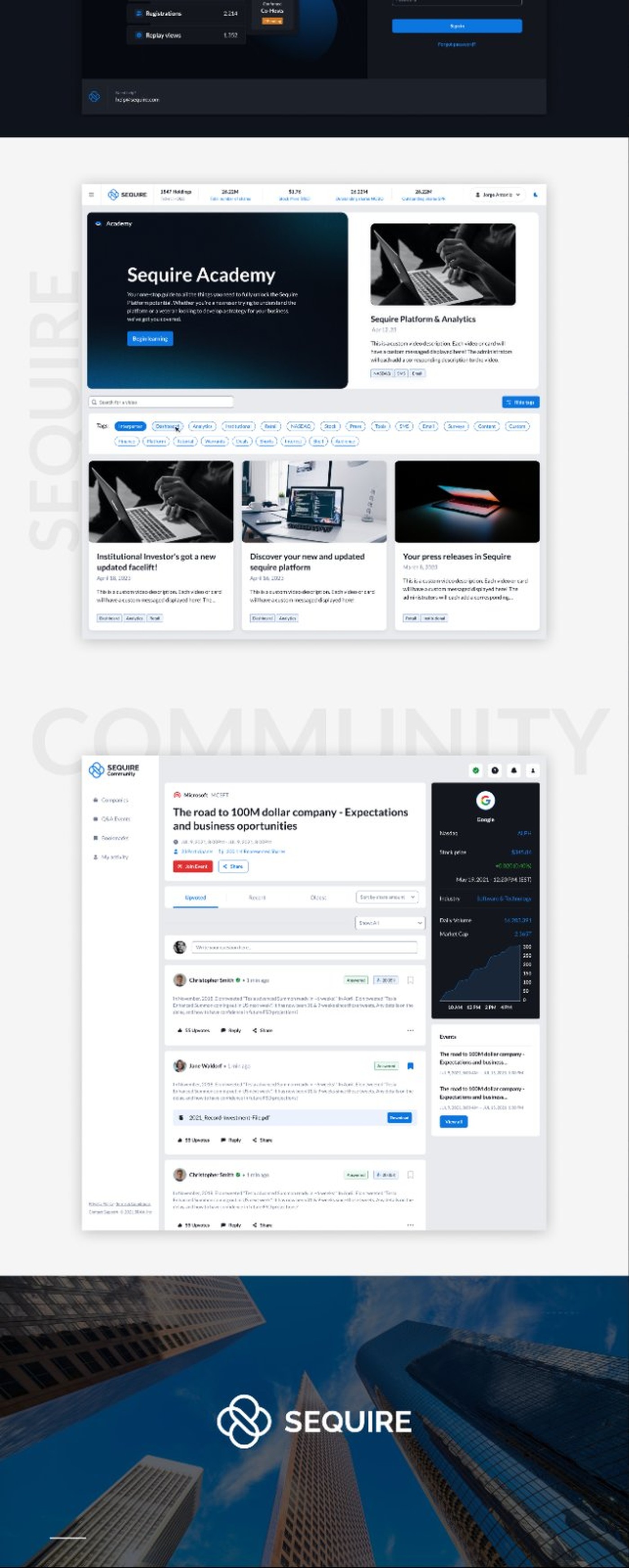 Sequire Academy platform — course listings and mobile view