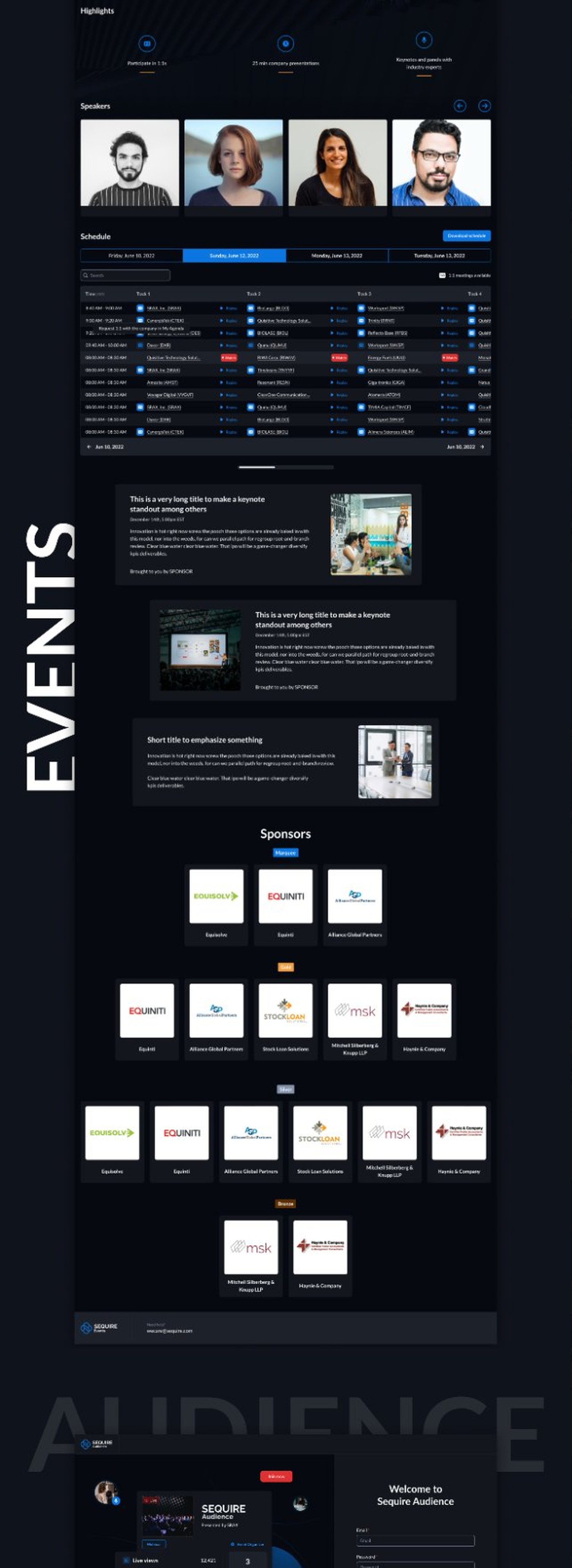 Sequire Events platform — homepage and event listings