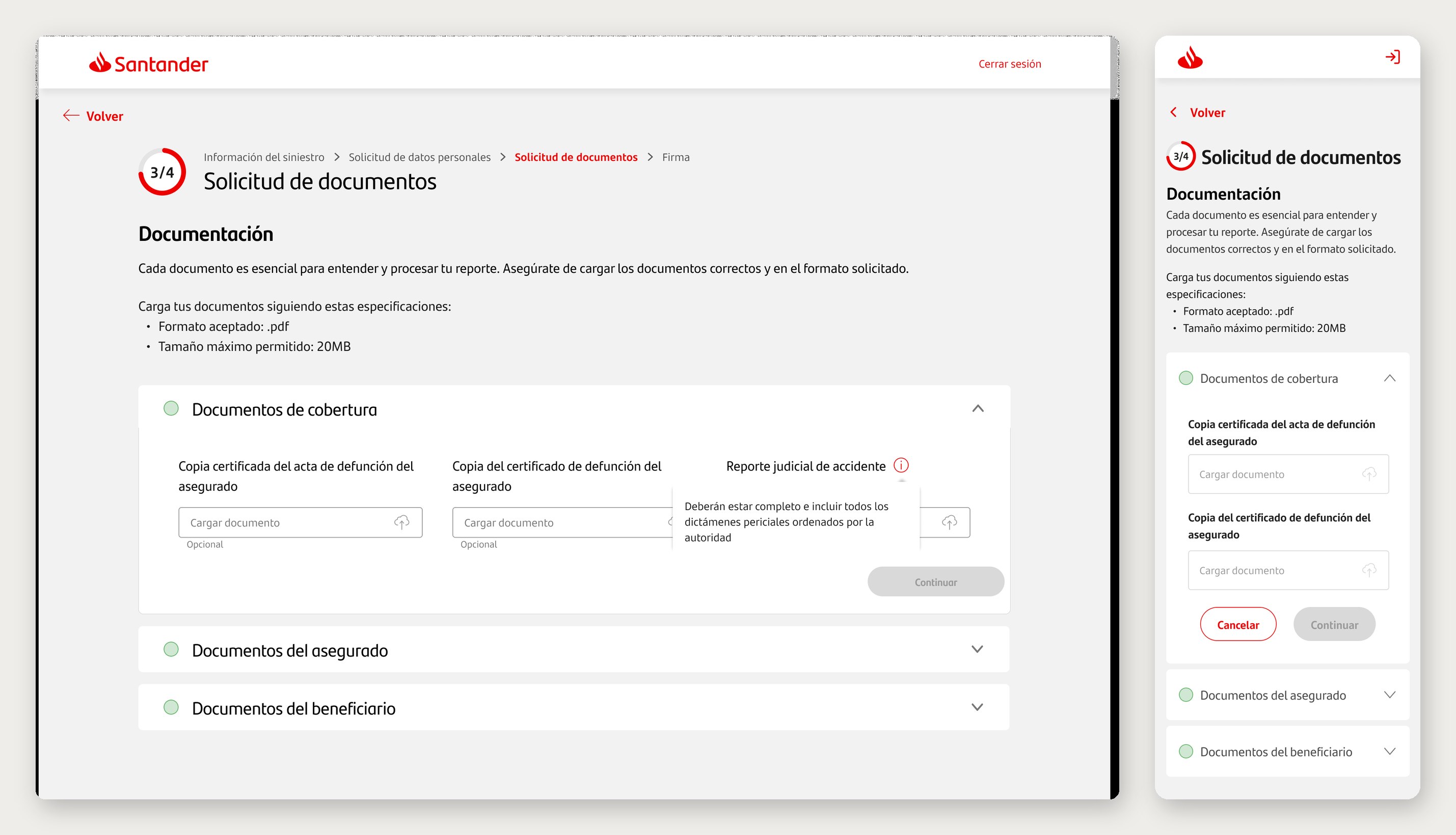 Zurich Santander claims flow — desktop screens