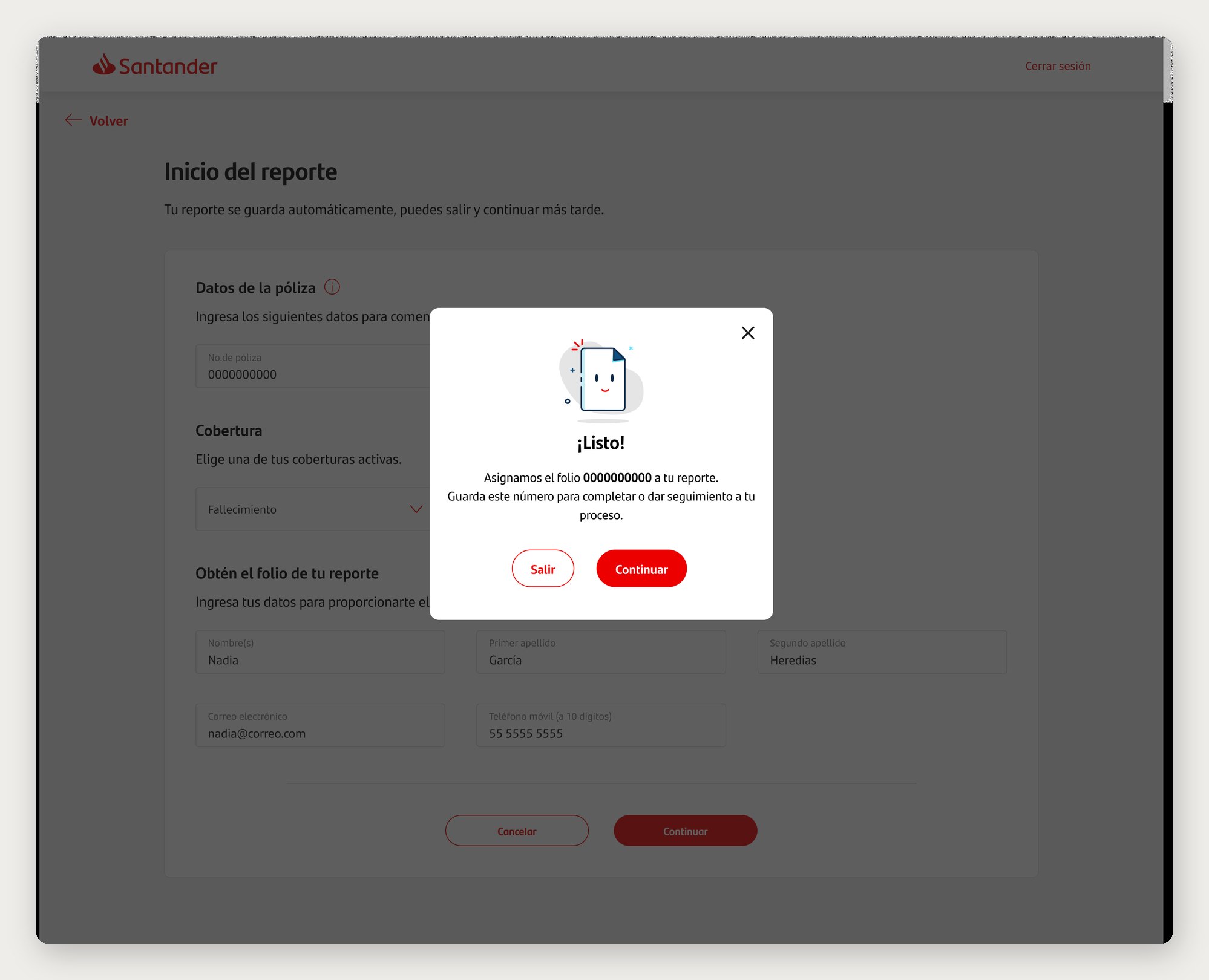 Zurich Santander web portal — home, about, and claims sections
