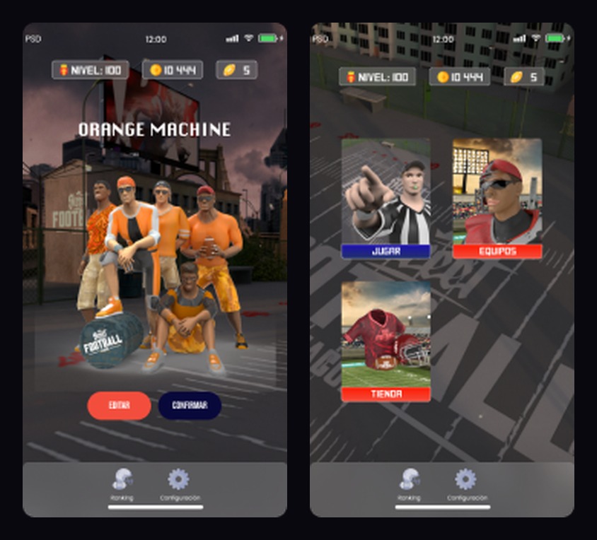 Street Football app — home menu and team selection