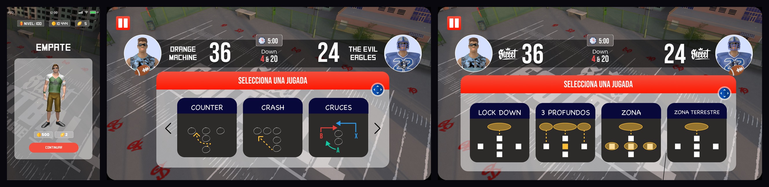 Street Football — ¡Ganaste!, Perdiste, Empate result screens