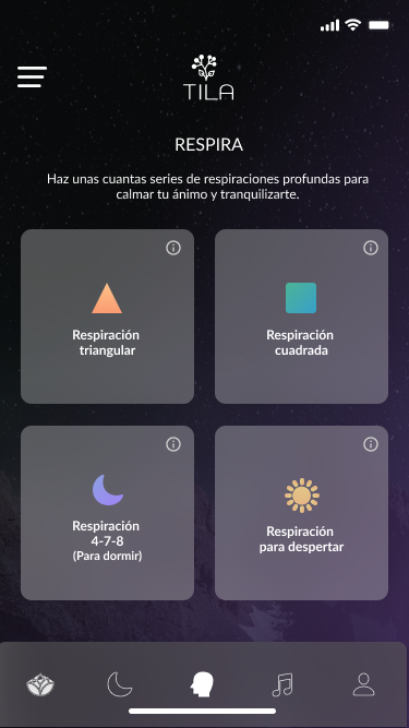 TILA Respira home — breathing exercise selection