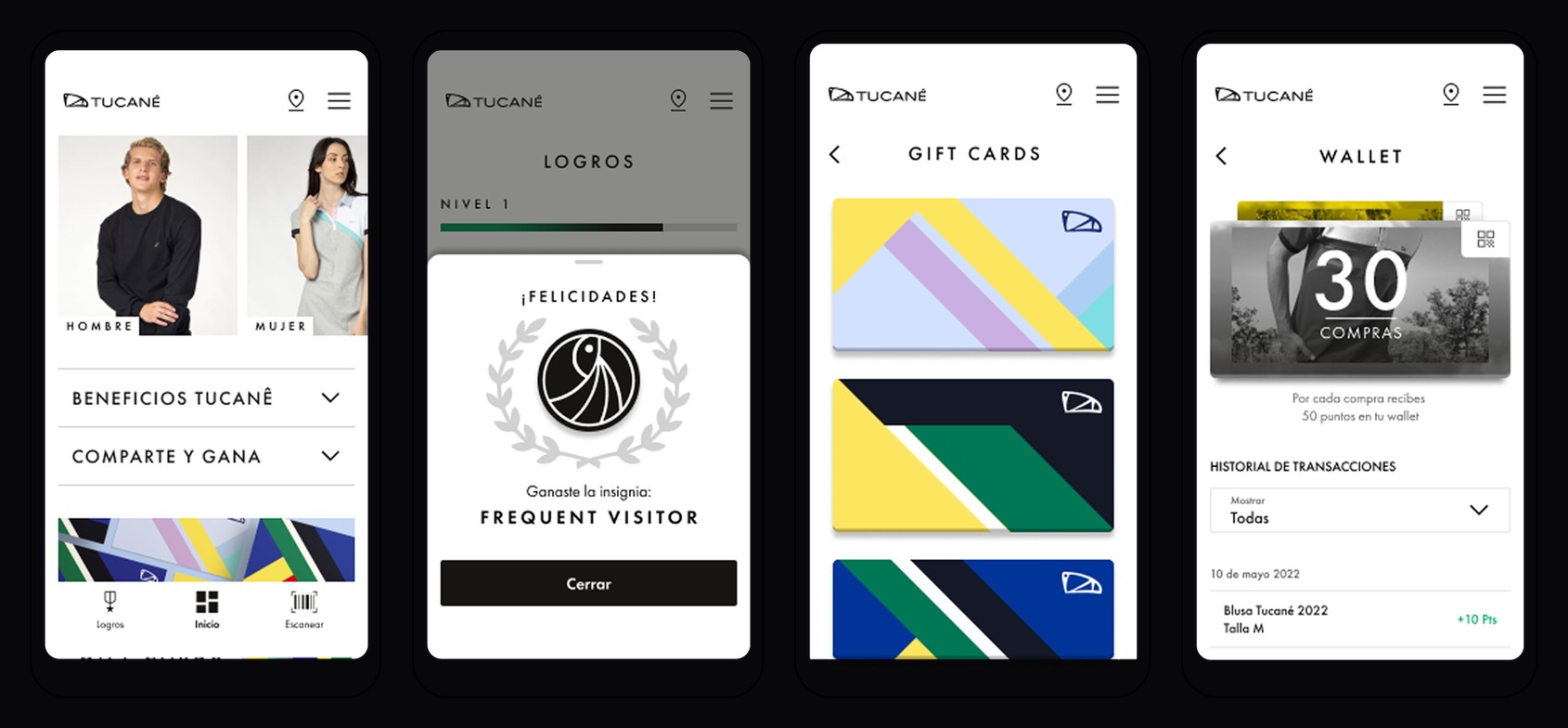 Tucané app — Home, Logros, Gift Cards, Wallet screens