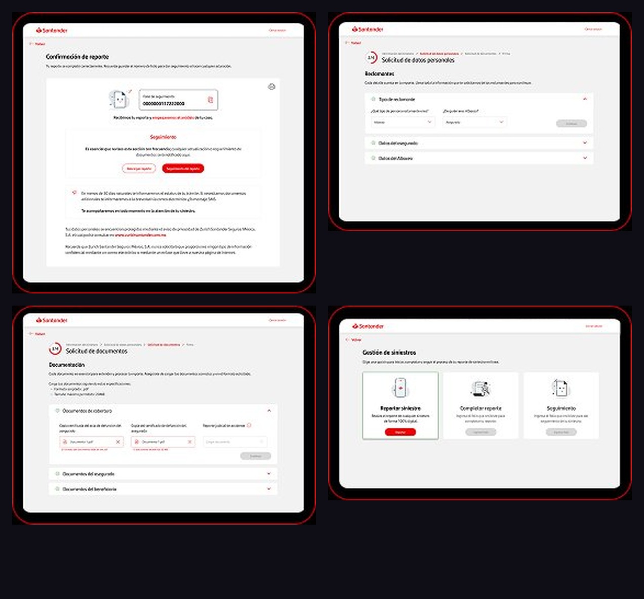 Zurich Santander claims flow — desktop screens