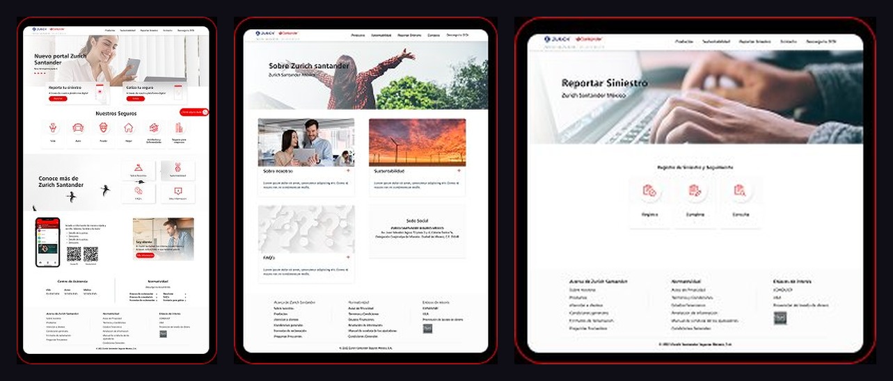 Zurich Santander web portal — home, about, and claims sections